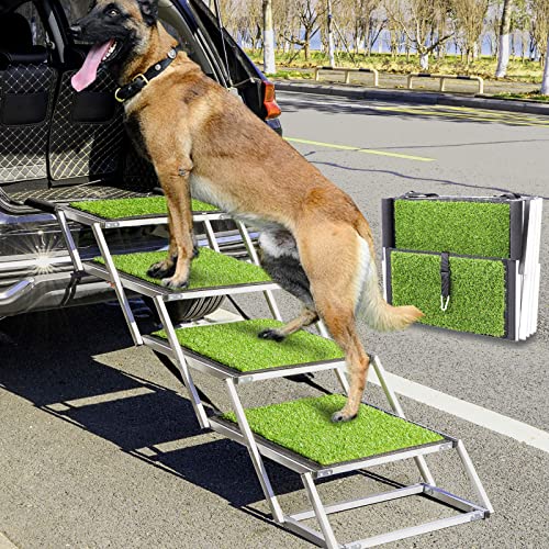 Extra Wide Dog Stairs for Large Dogs, Portable Dog Steps with Artificial Grass Surface, Dog Ramp for Car and SUV, Durable Dog Car Stairs for Vehicle, Truck and High Bed, Support Up to 200 lbs