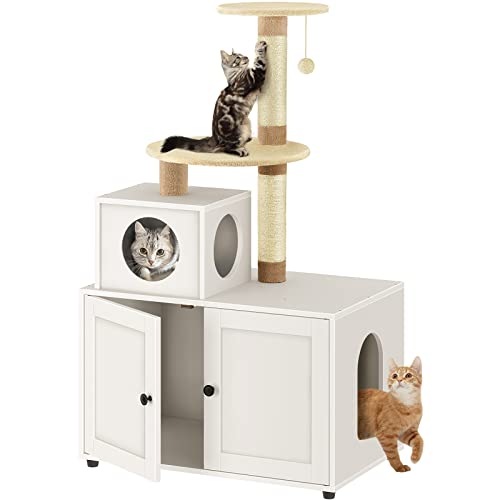 FavePaw Cat Litter Box Enclosure, Large Litter Box Furniture with Cat Tree Tower and Condo, Cat House with Sisal Scratching Post and Soft Plush Perch, White