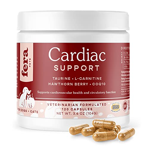 Fera Pets Cardiac Support Supplement for Dogs and Cats, Improves Blood Flow, Energy – with Taurine, CoQ10, Organic Hawthorn Berry, Supports Cardiovascular Heart Health – 120 Capsules