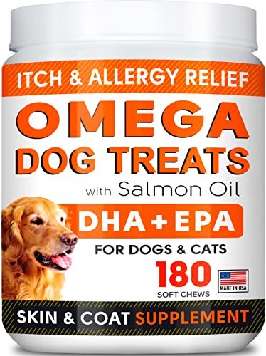 Fish Oil Omega 3 Treats for Dogs - Allergy and Itch Relief - Skin and Coat Supplement - Joint Health - Wild Alaskan Salmon Oil - Shedding, Itchy Skin Relief - Omega 3 6 9 - EPA & DHA - 180 Treats