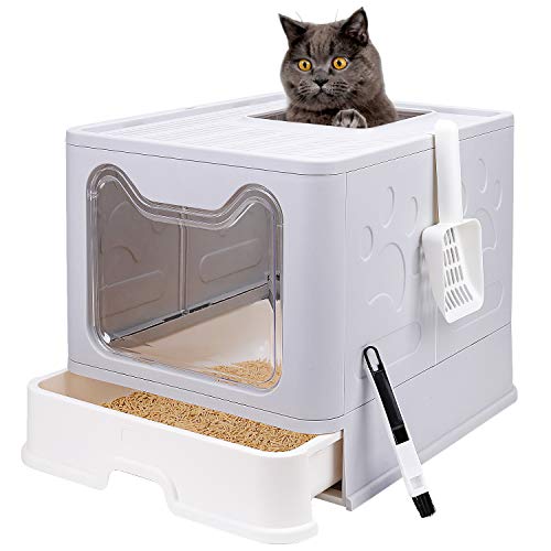 Foldable Cat Litter Box with Lid, Enclosed Cat Potty, Top Entry Anti-Splashing Cat Toilet, Easy to Clean Including Cat Litter Scoop and 2-1 Cleaning Brush (Grey), Large