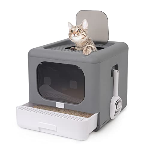 Foldable Enclosed Cat Litter Box, Cat Potty with Front Door & Top Entry, Pull-Out Drawer Type, Cat Toilet with Lid, Easy Cleaning and Anti-Splashing Cat Litter Tray with Plastic Scoop (Grey) Medium