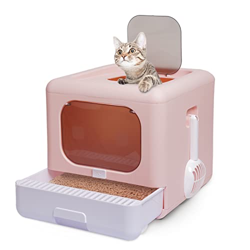 Foldable Enclosed Cat Litter Box, Cat Potty with Front Door & Top Entry, Pull-Out Drawer Type, Cat Toilet with Lid, Easy Cleaning and Anti-Splashing Cat Litter Tray with Plastic Scoop (Pink)