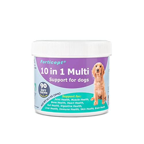 Forticept 10 in 1 Dog Multivitamin Supplement – Glucosamine Chondroitin Green Lipped Mussels for Hip and Joint Support – Probiotics and Digestive Enzymes for Immune and Gut Health - 90 Count (Bacon)