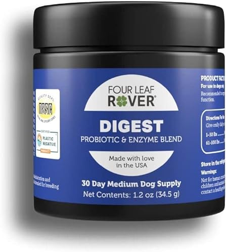 Four Leaf Rover Digest - Digestive Enzymes with Probiotics for Dogs - 15 to 45 Day Supply, Depending on Dog’s Weight - Daily Gut and Immune Support - Vet Formulated - Easy to Mix