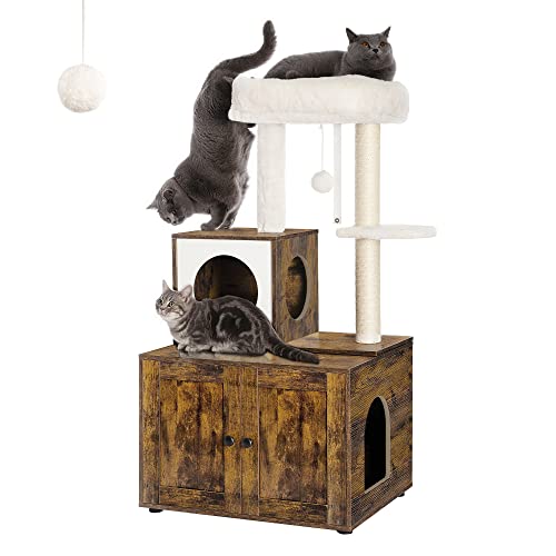 FourFurPets 45in Separable Cat Tree with Cat Litter Box Enclosure, Multipurpose Cat Tower and Condo with Large Platform, Cat House, Full Sisal Posts, Removable Washable Cushion, Rustic Brown