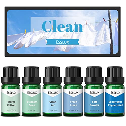 Fragrance Oil, ESSLUX Clean Set of Scented Oils, Essential Oils for Diffuser for Home, Premium Soap & Candle Making Scents, Aromatherapy Oils Gift Set - Clean Air, Fresh Linen, Warm Cotton and More