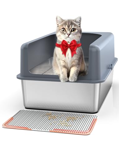 Freefa 【Upgraded】 Stainless Steel Litter Box, Extra Large Cat Litter Box, High Side Litter Box Enclosure, Covered Litter Box for Kitty, Large Cat, with Lid & Litter Mat, Easy Cleaning, Non-Sticky