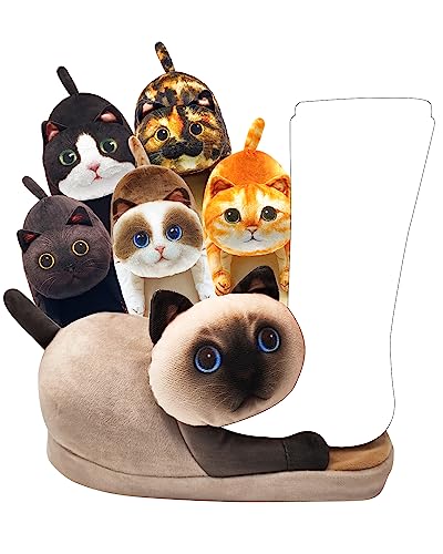 Funny Cat Slippers for Women,Kawaii Bedroom Fuzzy House Slippers, Indoor and Outdoor Animal Slippers,Cozy Non-Slip,Christmas Cat Gifts for Cat Lovers Gifts For Women/Men's/Girls (Siamese)