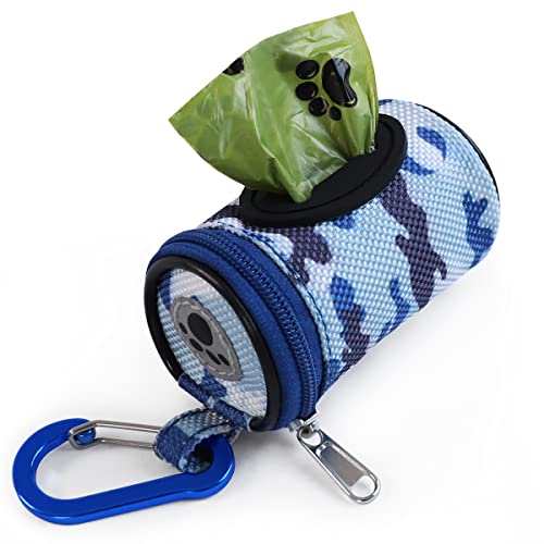 FURHAB Dog Poop Bag Holder for Leash Doggie Waste Bag Dispenser Puppy Potty Carrier Small Doggy Zipper Pouch with Carabiner Clip 1680D Nylon Oxford with 1 Roll of Pet Trash Bags, Sky Blue Camo