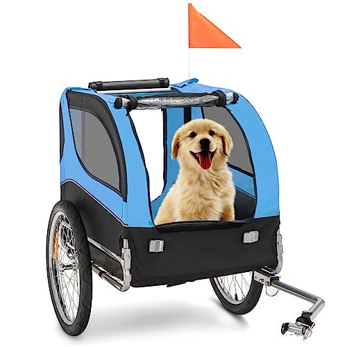 Giantex Dog Bike Trailer Pet Stroller, Small Medium Dog Bicycle Trailer Carrier Wagon, 20" Large Wheels, 3 Doors, 2 Windows, 8 Reflectors, Folding Metal Frame, Supports up to 88 lbs (Blue)