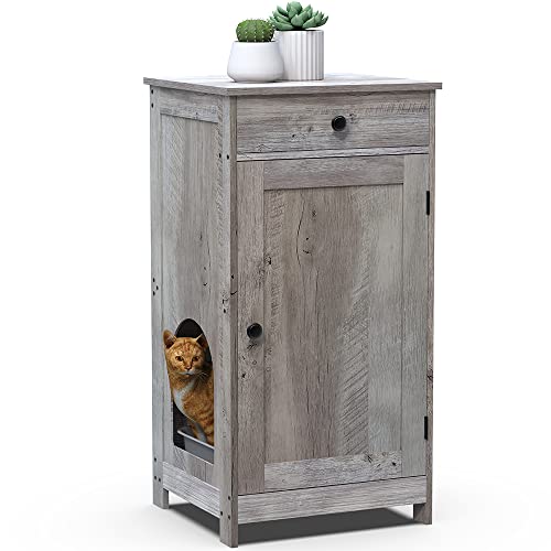 GiftGo Contemporary Home Hidden Cat Litter Box Enclosure Wooden Cabinet Furniture Cat Washroom Nightstand Storage Drawer, Inner Shelf, Arched Doorways (Greige)