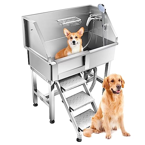 VEVOR 50 Pet Grooming Bath Tub Dog Cat Wash Walk-in Ramp Stainless Steel W/faucet