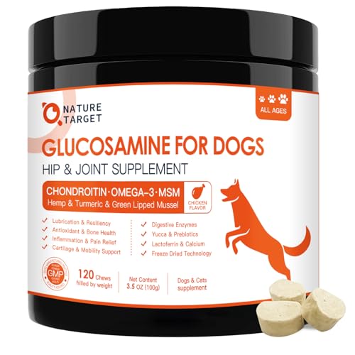 Glucosamine for Dogs, Joint Supplement for Dogs, Chondroitin, Omega-3, MSM, Hemp, Turmeric for Pain Relief, Dog Joint Supplement with Calcium for Bone Health, 120 Chicken Flavored Crunchy Chews