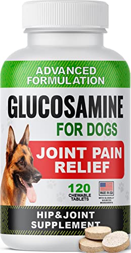 Glucosamine Tablets for Dogs - Joint Supplement w/Omega-3 Fish Oil - Chondroitin, MSM - Advanced Mobility Chews - Joint Pain Relief - Hip & Joint Care - 120 Ct - Made in USA