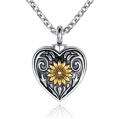 GMXLin Sunflower Heart Urn Necklace for Ashes Mom Grandma Dad Women Men Cremation Memorial Keepsake Pendant with Stainless Steel Chain Funnel