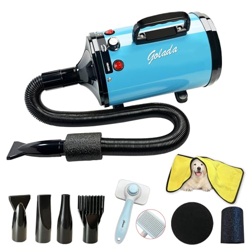 GOLADA Dog Dryer, Pet Grooming Hair Dryer - Dog Hair Dryer with Adjustable Temperature and Speed for Pet Grooming，with Pet Brush, Pet Towel, 4 Different Nozzles (Blue)