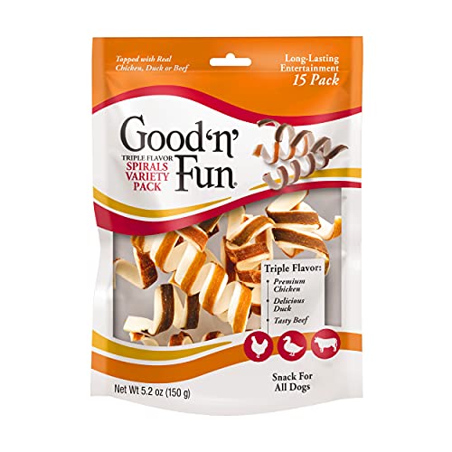 Good 'n' Fun Triple Flavor Spirals Variety Pack, 15 Count, Rawhide Chews for Dogs, 3 Savory Flavors