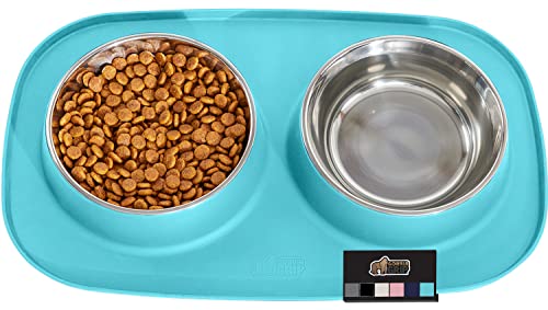 Gorilla Grip 100% Waterproof BPA Free Cat and Dog Bowls Silicone Feeding Mat Set, Stainless Steel Bowl Slip Resistant Raised Edges, Catch Water, Food Mess, No Spills, Pet Accessories, 2 Cup, Turquoise