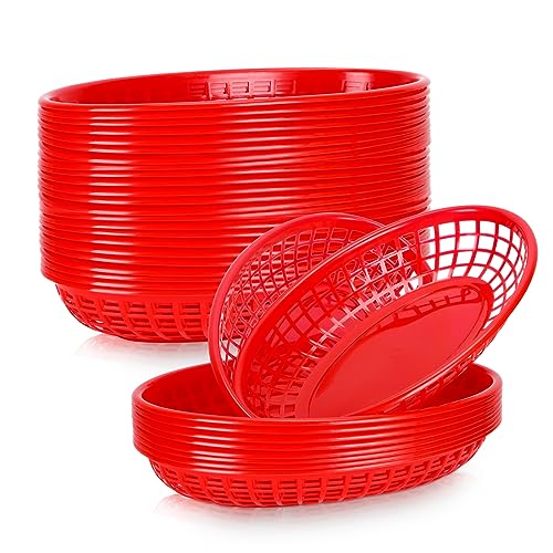 GothaBach 50 Pack Fast Food Baskets, Plastic Fast Food Restaurant Baskets, Bread Fry Baskets Serving Tray for Hot Dogs, Chicken, Burgers, Sandwiches, Fries (Red)