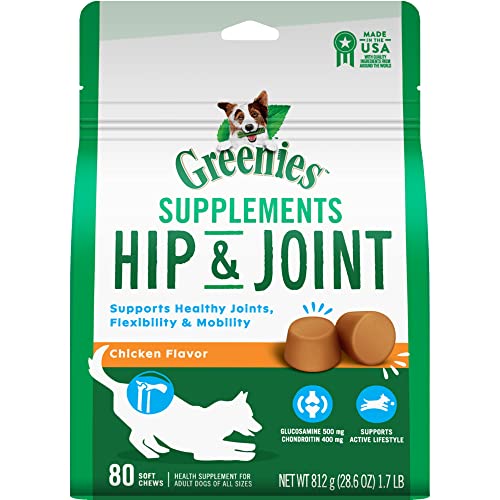 Greenies Hip & Joint Supplements with Glucosamine and Chondroitin Chicken-Flavor Soft Chews for Adult Dogs, Count of 80