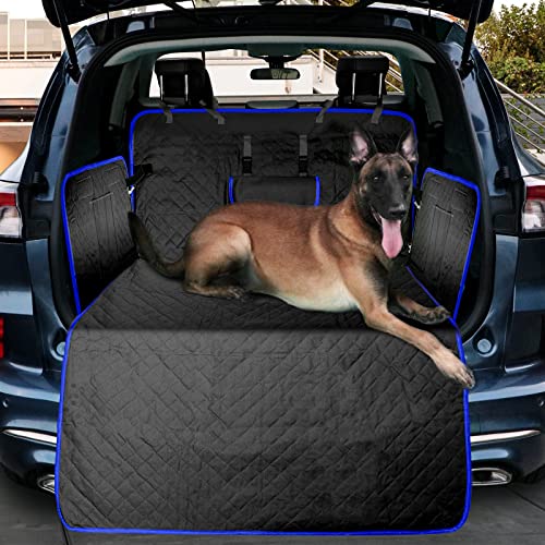 GURETER Pet Dog Trunk Cargo Liner, Universal Fit Quilted Dog Cargo Cover for SUV, Nonslip Waterproof Large Size Bumper Flap Cargo Area Protector for SUVs Sedans Trunk, Black with Blue Edge, HCWLSGU7