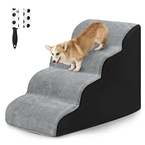 HAITRAL 4 Tiers Dog Steps Durable Pet Stairs,High Density Foam Dog Ladder Ramp for Bed or Couch,Non-Slip Dog Stairs for Short Leg Dogs,Older/Injured Pets,with Lint Roller 2 Refills Gray/Black