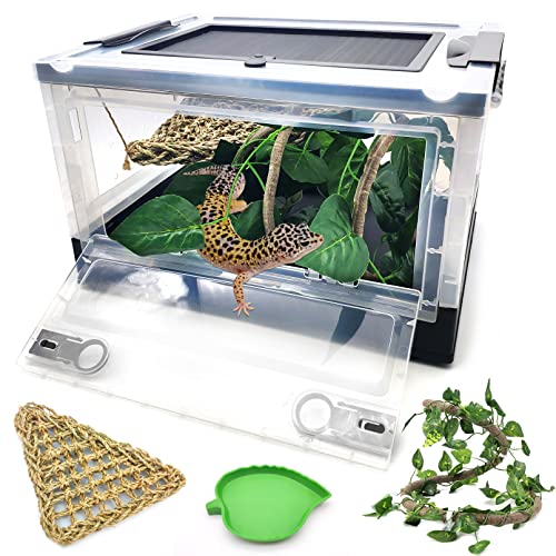 Hamiledyi Foldable Reptile Terrariums Kit, Gecko Tank Starter Kits Mini Transparent Habitat Cages for Lizard, Iguana, Snake, Bearded Dragon, Tortoise, Chameleon 15.6" x 11.6" x 9.4" Black
