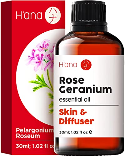 H’ana Rose Geranium Essential Oil for Skin - 100% Pure and Natural Therapeutic Grade Geranium Oil for Diffuser - Rose Geranium Essential Oil Organic for Aromatherapy (1 fl oz)