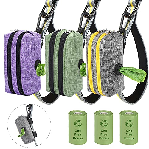 Hanjo Pets Dog Poop Bag Holder Leash Attachment - Poop Bag Dispenser for Leash - Dog Waste Bag Dispenser Fabric, Dog Bag Holder with 2 Zippers, Pet Waste Bag Holder Velcro 3 packs, 3 Free Rolls