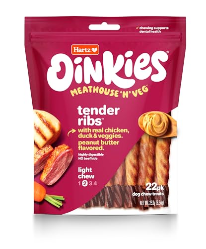 Hartz Oinkies Meathouse'n'Veg Tender Ribs Dog Treats with Real Chicken, Duck, Veggies & Peanut Butter Flavor, 22 Count, Highly Digestible and Rawhide-Free