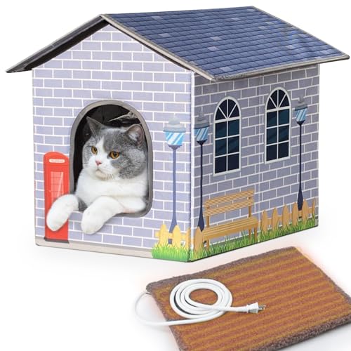Heated Cat House for Waterproof Insulated Outdoor Winter with Electric Heating Pad Providing Safe Feral Cats Easy to Assemble