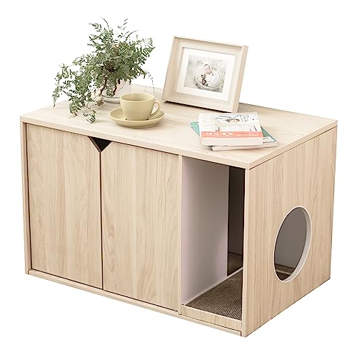 HEPIL Cat Litter Box Enclosure, Litter Box Furniture Hidden with Scratch Pad and Divider, Light Woodgrain, 31" x 19.7" x 19.7", Fit Most of Litter Box, Made of Recycled Materials