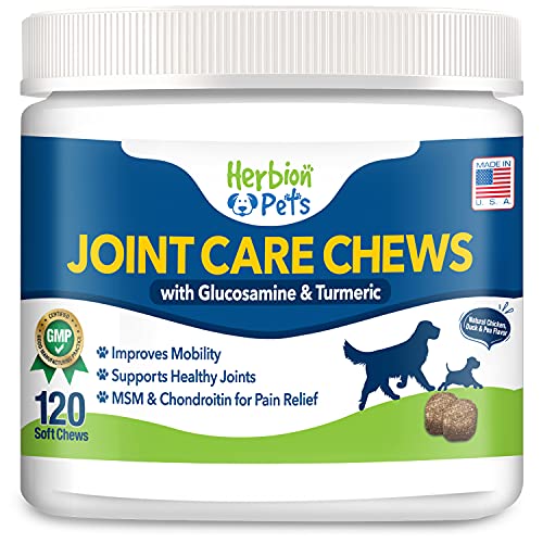 Herbion Pets Joint Care Chews with Glucosamine & Turmeric, 120 Soft Chews - MSM & Chondroitin for Pain Relief - Improves Mobility - Supports Healthy Joints - Made in The USA - for Dogs 12 Weeks+