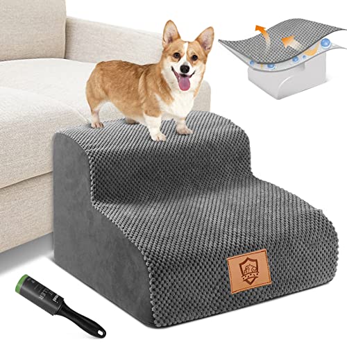 High Density Foam Pet Stairs,Non-Slip Dog Stairs 2 Tiers,11.8" High Pet Ladder/Ramp with Removable Cover,Help Injured Dogs Get On and Off The Couch Easily-Send a Pet Hair Remover Roller(Gray)