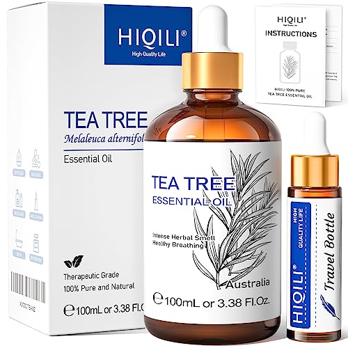 HIQILI Tea Tree Essential Oil (100 ML), 100% Pure for Toenail Fungus, Hair Damage, Add to Shampoo, Body Wash, Conditioner - 3.38 Fl Oz