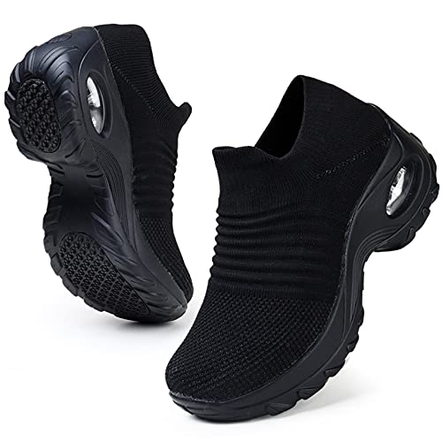 HKR Womens Walking Shoes Slip On Light Weight Mesh Platform Nursing Shoes Air Cushion Sneakers Zapatos De Mujer All Black 10(1839 EU 43)