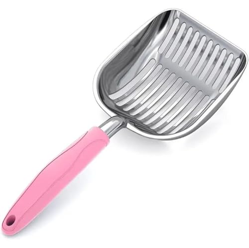 HLMOptimo Cat Litter Scoop Stainless Steel Mesh Scooper Long Handle Deep Shovel Non-Stick Coated Metal Litter Scoop for Litter Box Kitten Pooper Lifter Large 14 inch (Light Pink Handle)