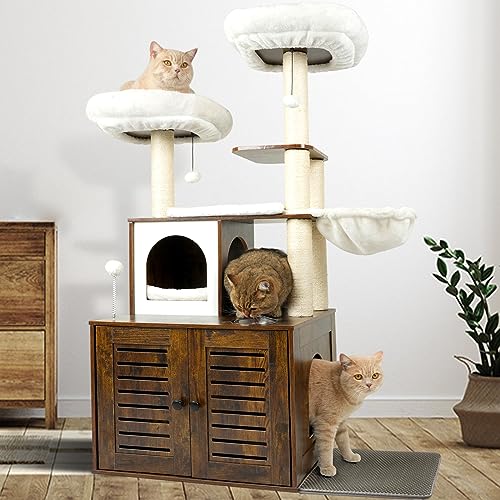 HONCET Cat Tree with Litter Box Enclosure, 52-inch Modern Cat Tree, Litter Box Furniture with Cat Condo & Scratching Post, 2 Large Platforms, Litter Pad, Rustic Brown.