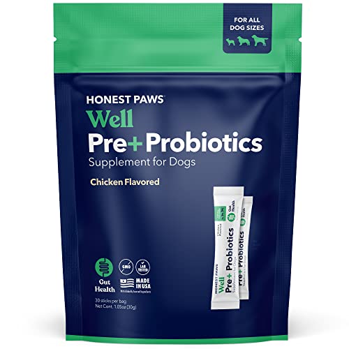 Honest Paws Probiotics for Dogs - Dog Digestion Gut Health Probiotic Powder with Prebiotic Made in The USA, Digestive and Immune Support - Digestive Enzymes with Chicken Flavor (30 Sticks)