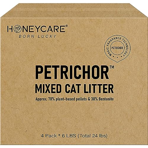 HONEY CARE Petrichor Mix Cat Litter I Tofu Cat Litter I Nature Plant-Based Pellets and Bentonite Sustainable Cat Litter I Low-Dust Qucik Clumping Superior Odor Control, 24-lbs Value Pack (6 lbs x 4)