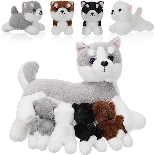 Honoson Nurturing Husky Dog Stuffed Animal with Puppies, Mommy Dog with 4 Baby Puppy, Soft Cute Dog Stuffed Animals, Christmas Birthday Thanksgiving Gift for Kids Girls Boys Pets