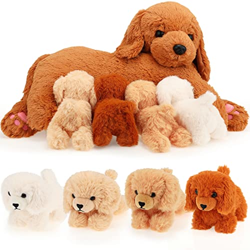 HyDren Nurturing Golden Retriever Plush Toy Set - Soft Cuddly Stuffed Animal Mommy Dog with 4 Baby Puppies for Kids, 16 Inch
