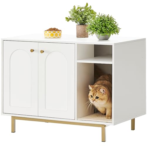 Hzuaneri Cat Litter Box Enclosure, Hidden Litter Box Furniture, Wooden Pet House Side End Table, Storage Cabinet Bench, Fit Most Cat and Litter Box, Living Room, Bedroom, White and Gold 01503GCLB