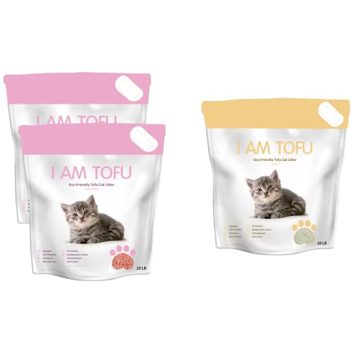 I AM TOFU - Tofu Cat Litter, Natural Flushable Extra Clumping Pellet Litter, 10LB x 3 (Honey Peach 2 & Original 1)