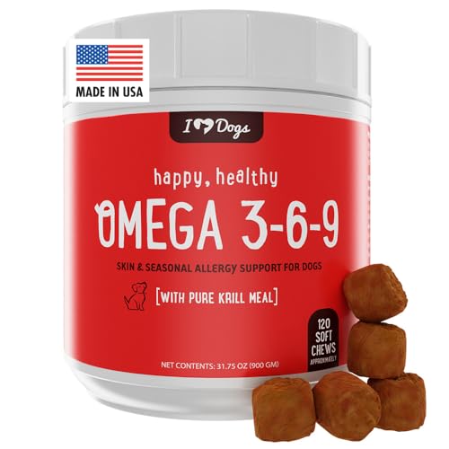 iHeartDogs Omega 3-6-9 for Dogs - Skin and Coat Fish Oil Supplement for Dogs with Pure Antarctic Krill Oil - Allergy & Itchy Skin Relief Chews, 120 Count