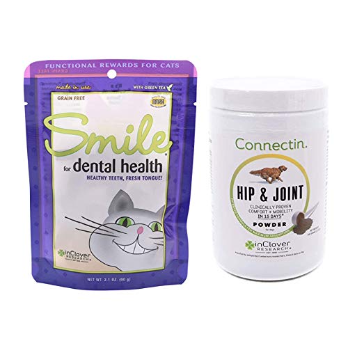 In Clover Smile Daily Dental Health Soft Chews for Cats (2.1 Oz) & Connectin Hip and Joint Powder Supplement for Dogs (12 Oz)