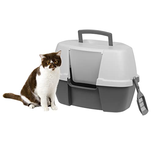 IRIS USA Large Hooded Corner Cat Litter Box with Scoop, Gray