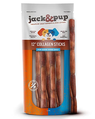 Jack&Pup 12" Beef Collagen Sticks for Dogs | Rawhide Free Dog Chews Long Lasting | Single Ingredient Healthy Dog Treats for Medium Dogs | Bully Stick Alternative (5 Pack)