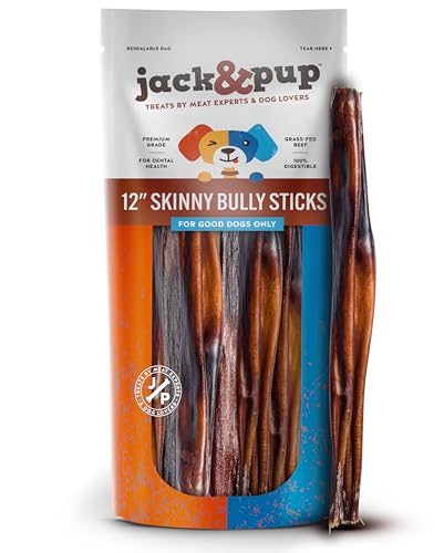 Jack&Pup 12 Inch Skinny Bully Sticks for Small Dogs | Thin Odor Free Bully Sticks Sheaths | All Natural, 100% Beef Pizzle Sticks for Seniors and Puppies (Skinny, 12 Pack)